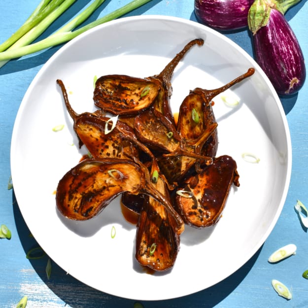 overhead shot of miso eggplant on a plate ready to eat