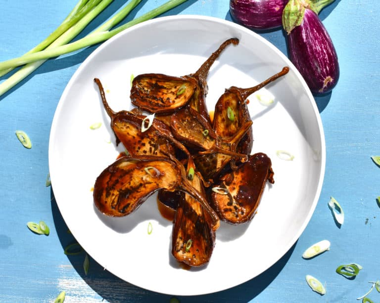 overhead shot of miso eggplant on a plate ready to eat