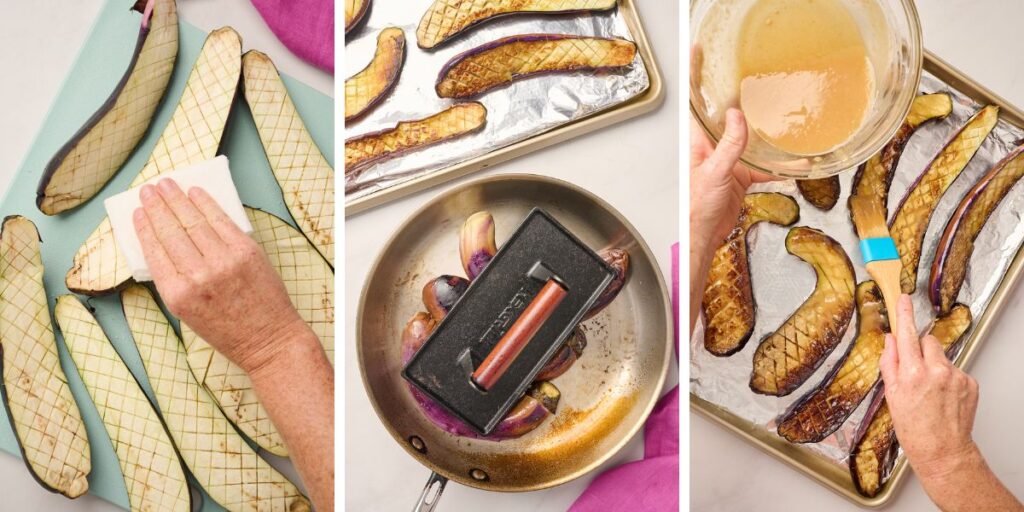 Step-by-step preparation of miso eggplant (Nasu Dengaku), including removing moisture from salted eggplant, searing it flat-side down with weight for even browning, and brushing on a rich miso glaze before roasting.