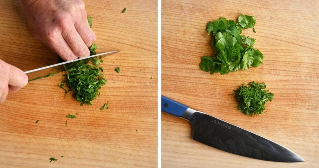 process shots of cilantro being rolled and chopped.