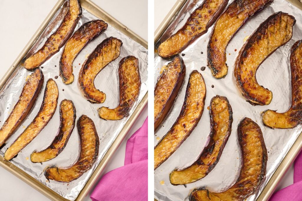 Roasted miso eggplant (Nasu Dengaku) fresh from the oven, featuring a glossy caramelized miso glaze on golden-brown eggplant halves arranged on a baking sheet.