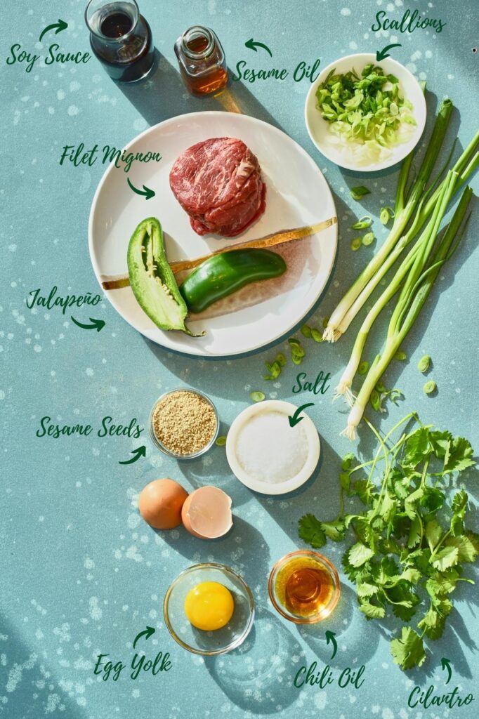 overhead shot of the ingredients for homemade Japanese steak tartare