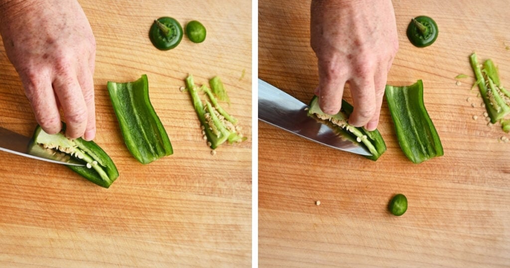 process shots of jalapenos being deseeded and chopped.