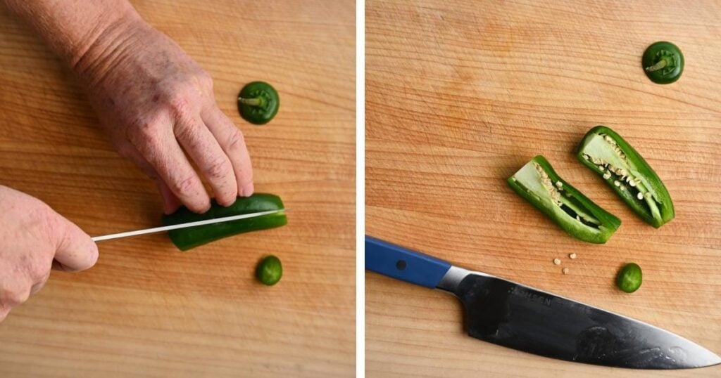 process shots of jalapeno trimmed and cut in half.