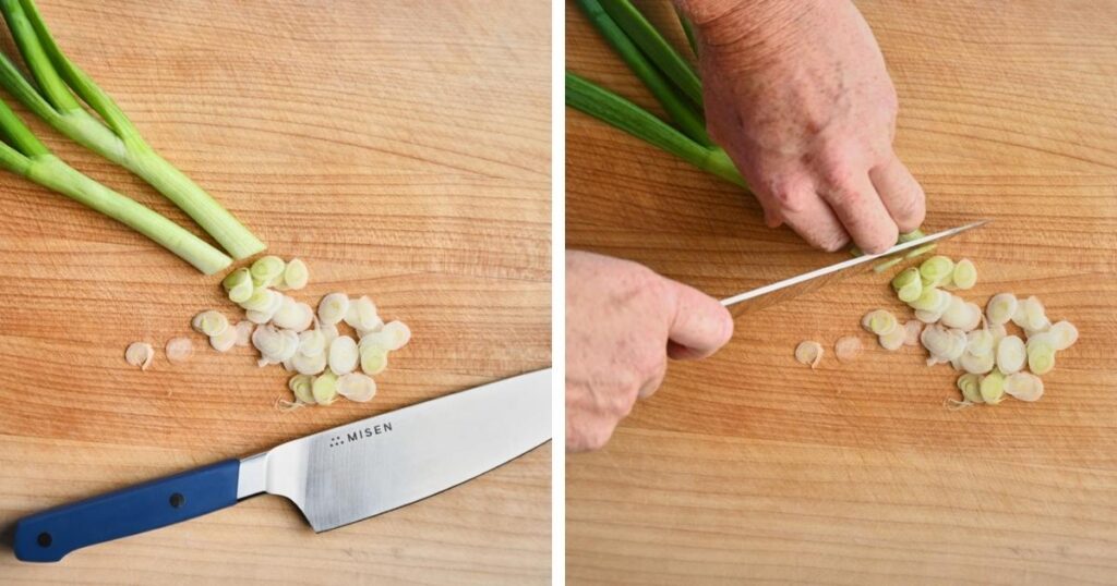 process shots of scallions being sliced thinly.