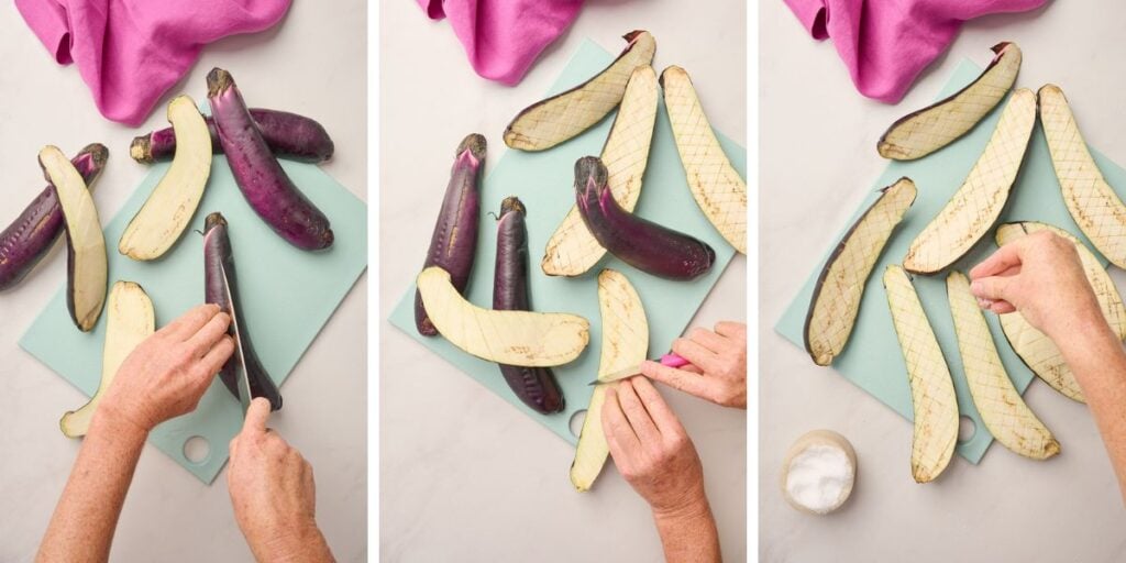 Step-by-step preparation of miso eggplant (Nasu Dengaku)—slicing, scoring, and salting eggplants on a blue cutting board with pink linen in the background.