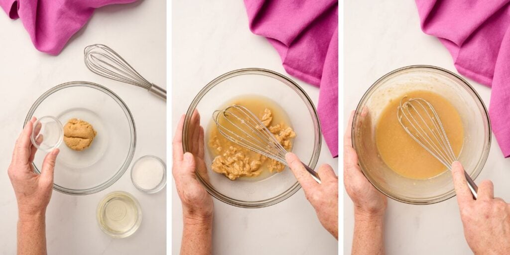 Step-by-step process of making miso glaze for miso eggplant (Nasu Dengaku)—combining miso paste, sake, mirin, and sugar in a glass bowl, then whisking until smooth.