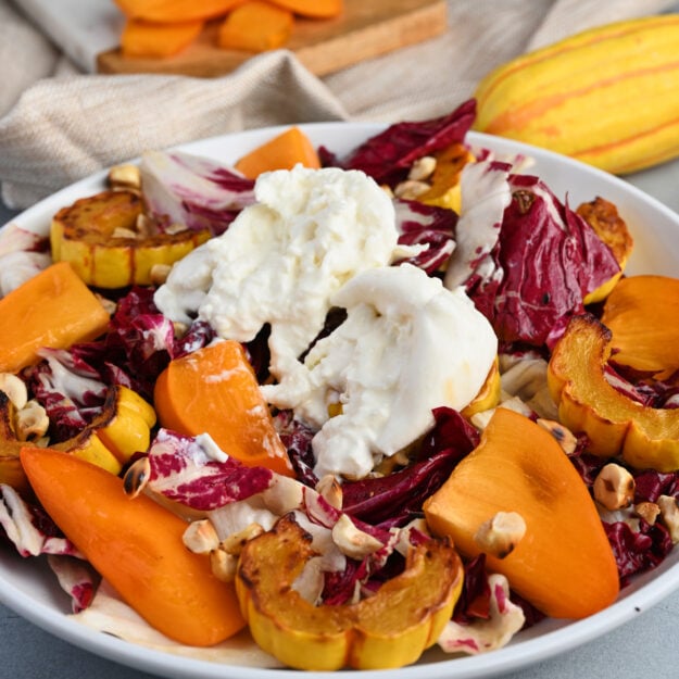 Straight-on shot of the plated persimmon salad with sliced persimmons, beige linen, and roasted Delicata squash.