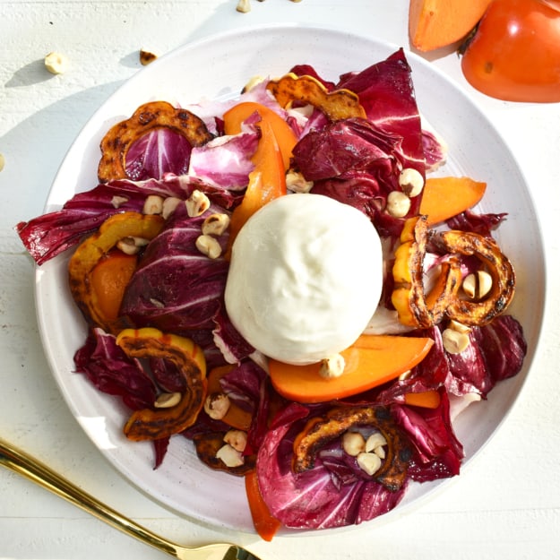 Full-Roasted Delicata Squash, Persimmon, and Burrata Salad