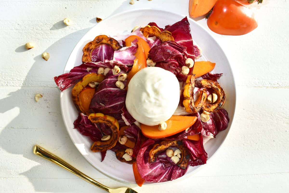 Full-Roasted Delicata Squash, Persimmon, and Burrata Salad