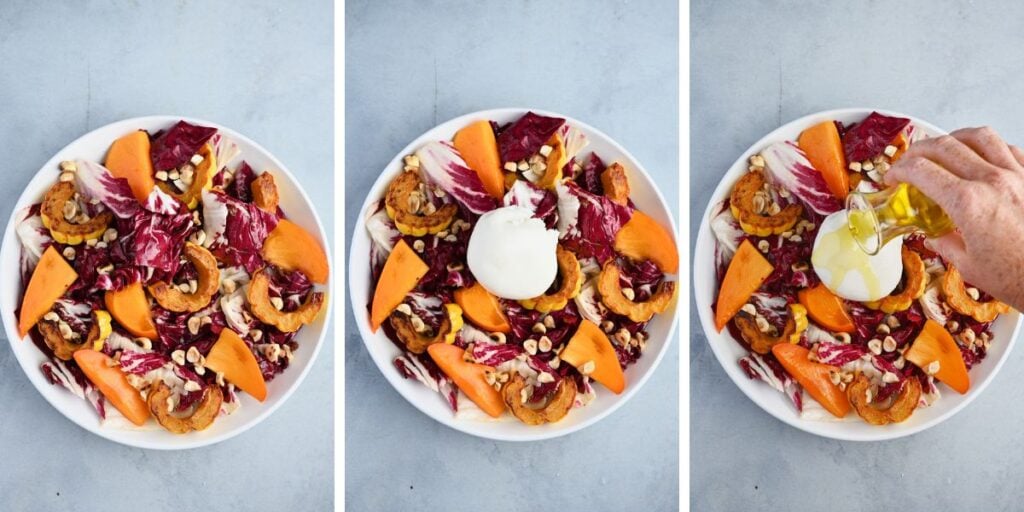 A fully plated persimmon salad with toasted hazelnuts and creamy burrata, topped with a drizzle of olive oil.