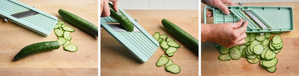 Slicing cucumbers thinly on a mandolin for Japanese cucumber salad.