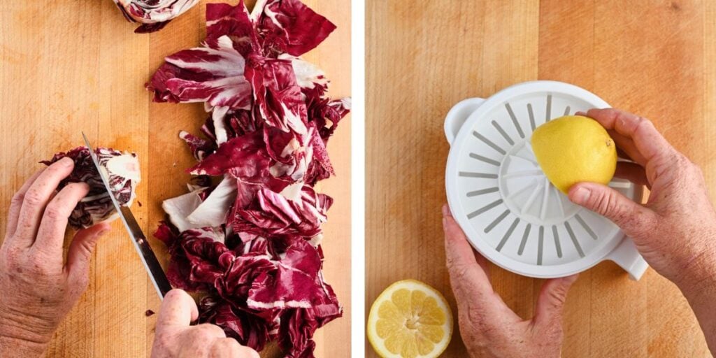 Preparation of ingredients for persimmon salad with hands slicing radicchio on a wooden cutting board and juicing a lemon into a handheld juicer.