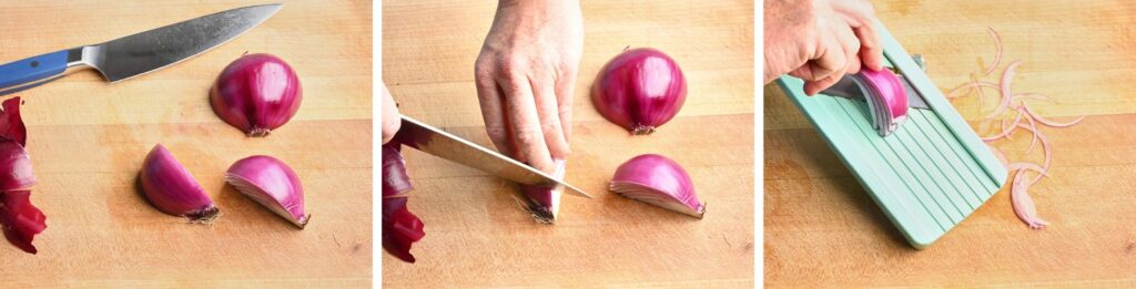 Slicing red onions thinly on a mandolin for Japanese cucumber salad.
