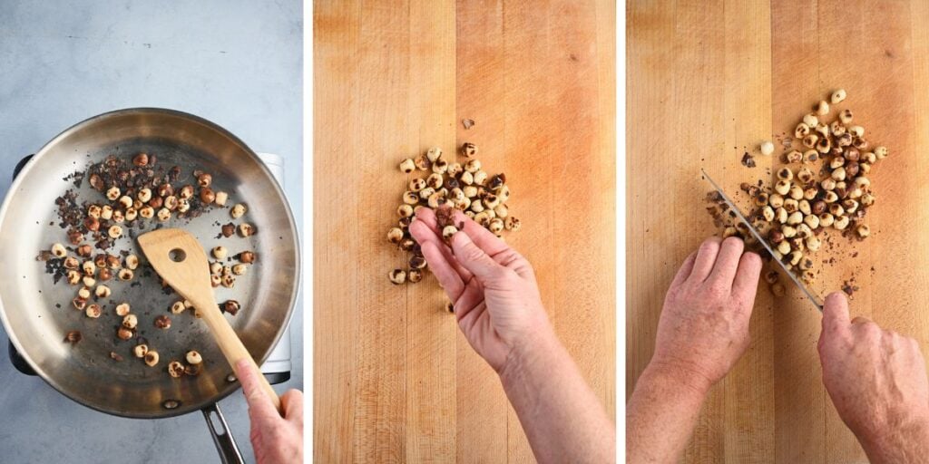 Hazelnuts being toasted in a pan and then chopped into small pieces on a wooden cutting board.