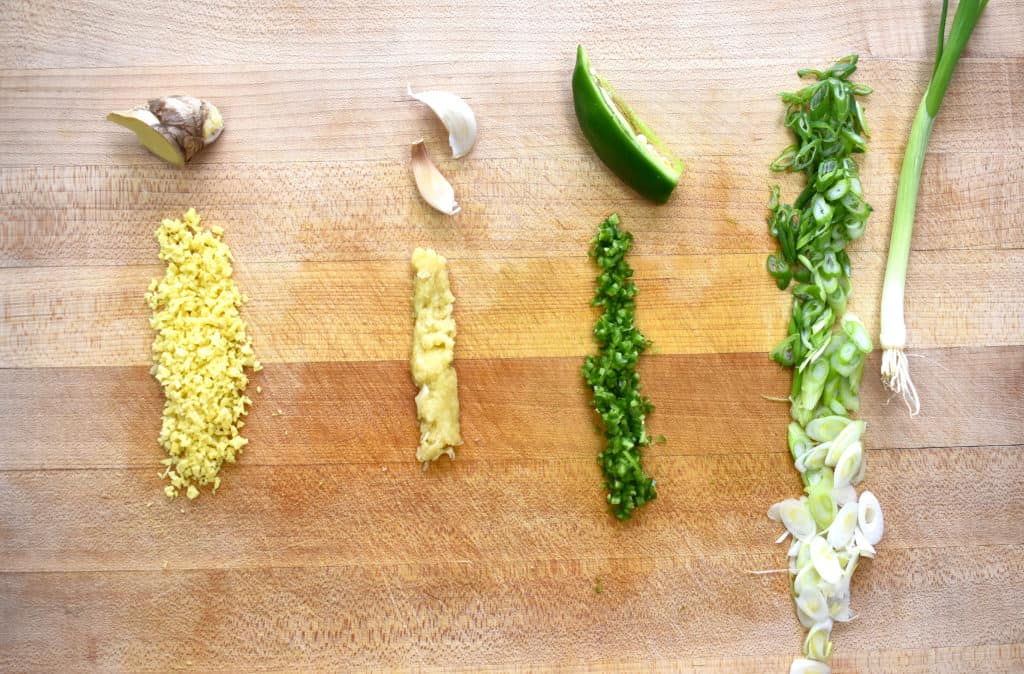 ginger, garlic, and green onions, and jalepeno sliced finely