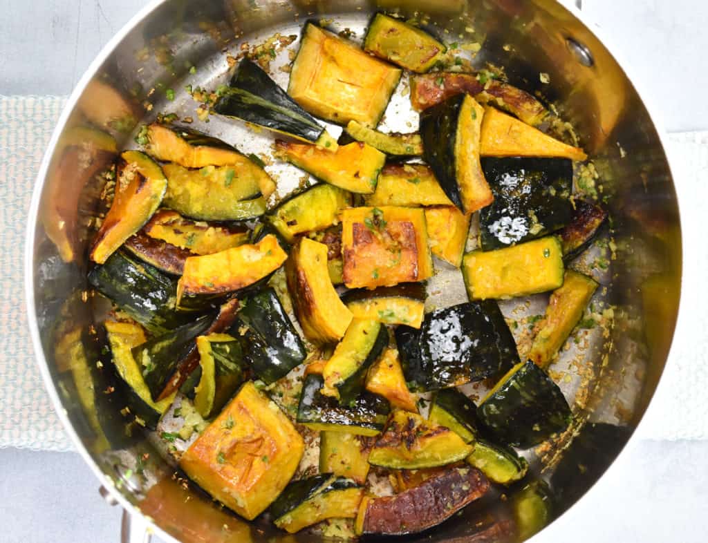 roasted squash added to the pan with the garlic, jalapeno and ginger