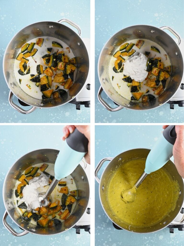 Four images showing coconut milk and cream being added to the soup pot, followed by the soup being pureed.