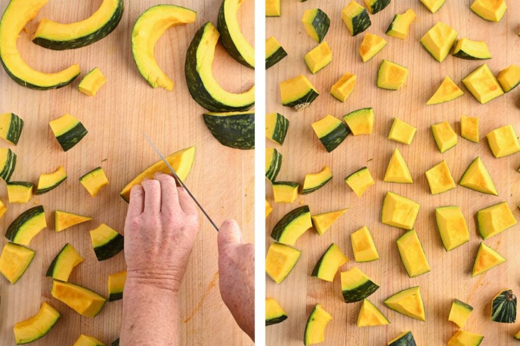 Side-by-side images of cutting squash into wedges and smaller pieces for roasting.