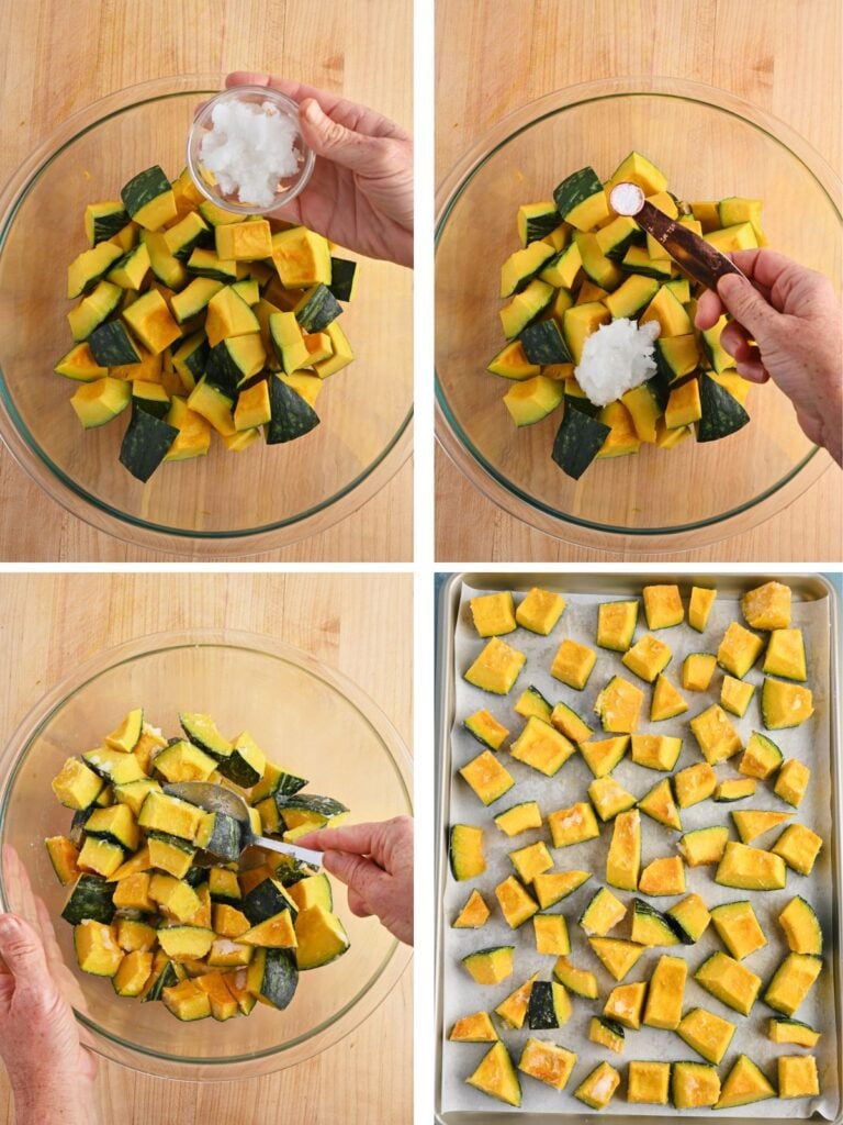 Collage of squash being seasoned, coated with oil, and placed on a baking tray for roasting.