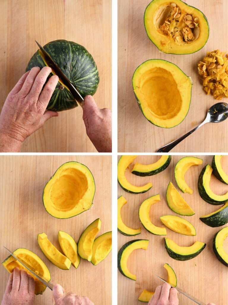 Collage of soup preparation steps, including cutting and seeding kabocha squash in preparation and roasting squash.
