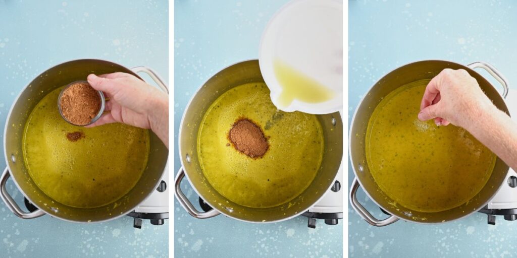 Three images showing soup being seasoned with coconut palm sugar, lime juice, and salt.