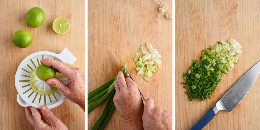 Three images showing lime being juiced and green onions being finely minced.