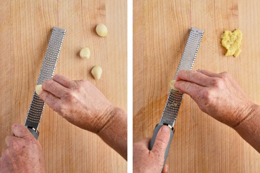 Pair of images showing garlic being microplaned for aromatics.