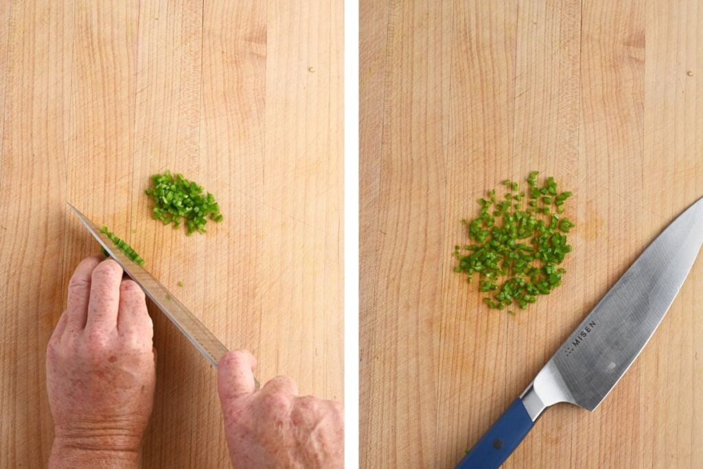 Two images of jalapeño being minced into fine pieces on a cutting board.