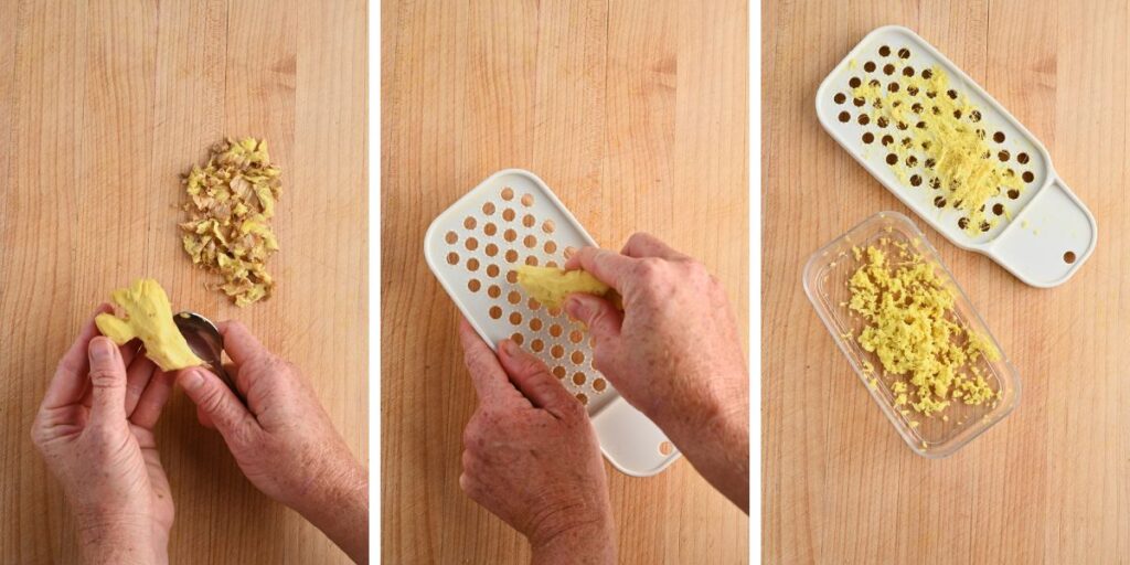 Series of images showing fresh ginger being grated with a grater.