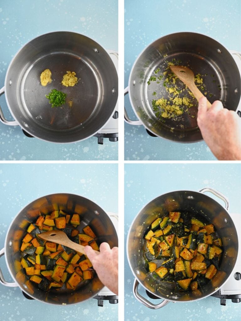 Four images showing garlic, ginger, and jalapeño being sautéed, and roasted squash added to the soup pot.