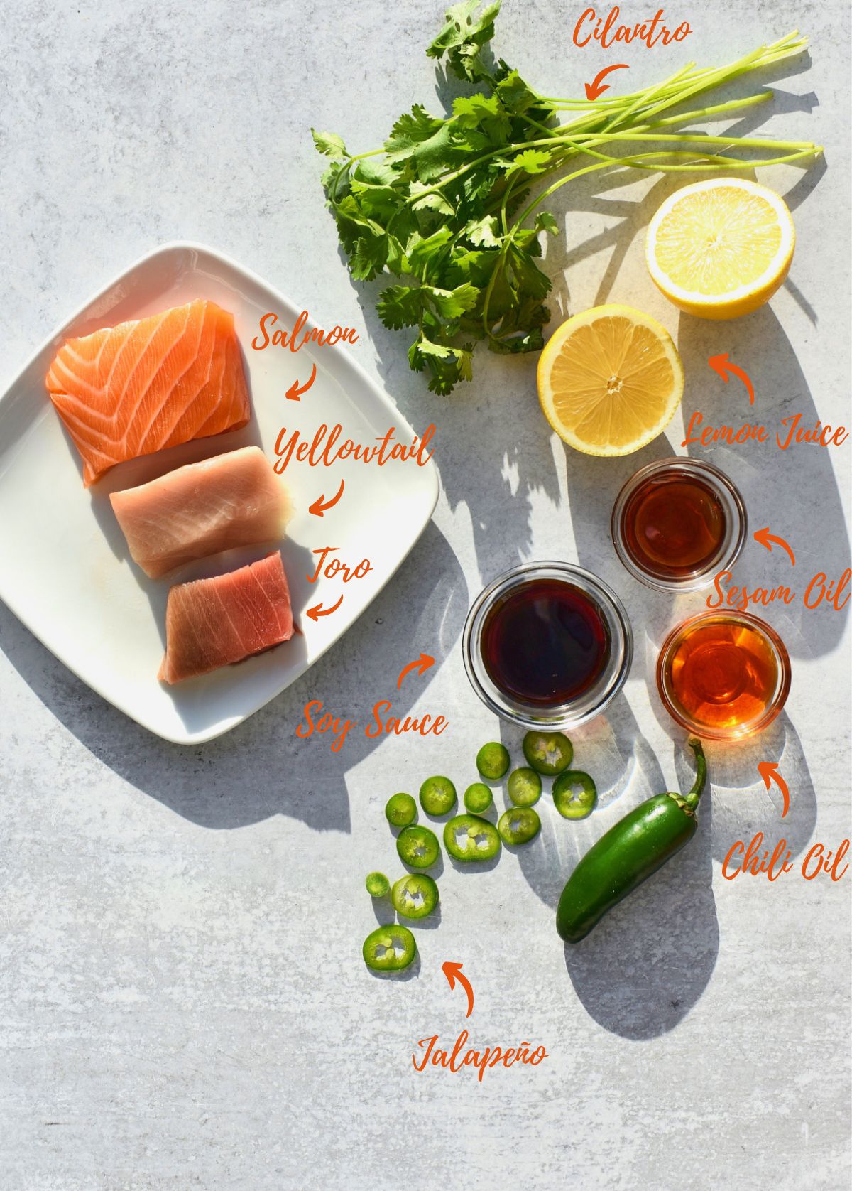 Salmon, Yellowtail, and Toro Sashimi on a white plate surrounded by cilantro, lemon halves, sesam oil, soy sauce, chili oil ,and jalapeno slices