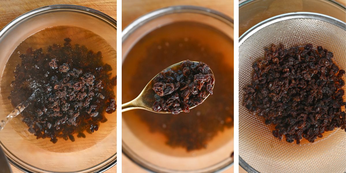 Currants being rehydrated in water for a brussel sprouts salad.