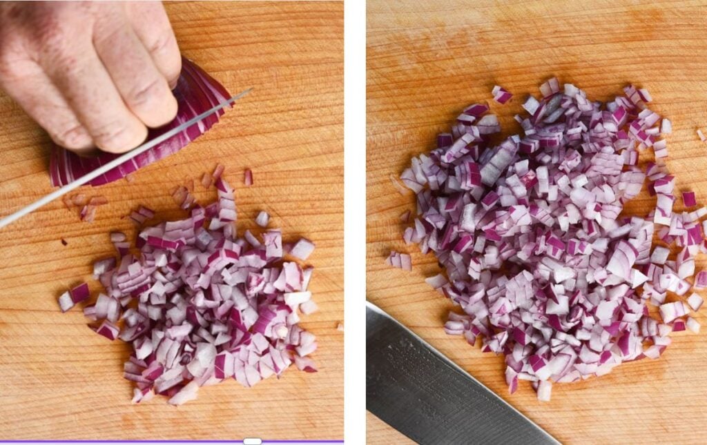 Diced red onion being prepared for brussel sprouts salad.