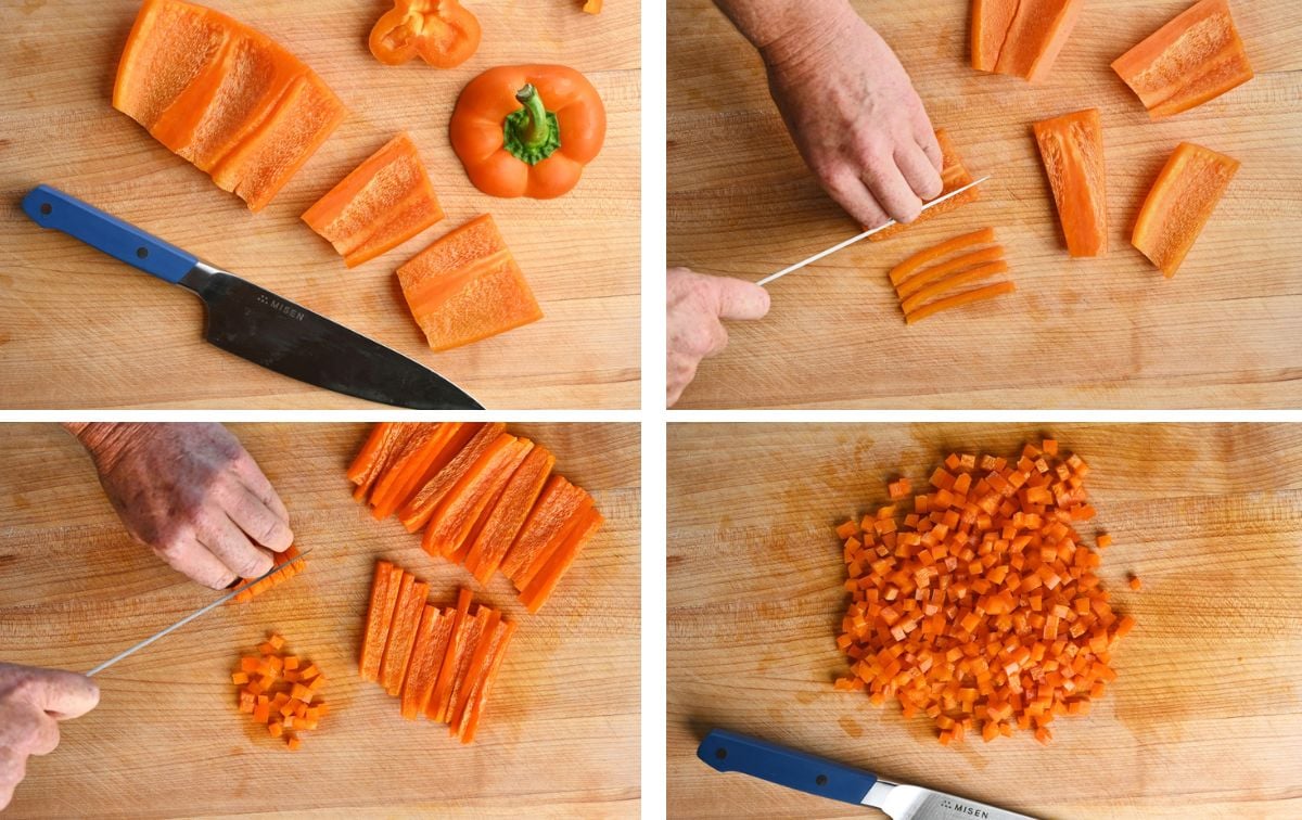 Dicing orange bell pepper into small cubes for shaved Brussels sprouts salad.