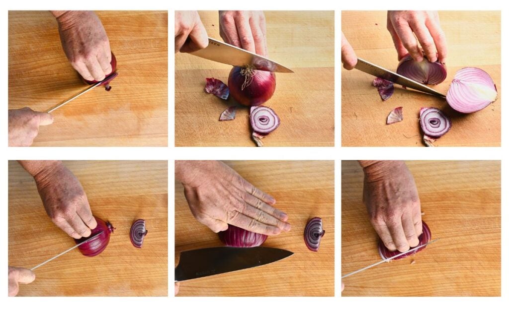 Slicing and dicing red onion for a Brussels sprouts salad recipe.