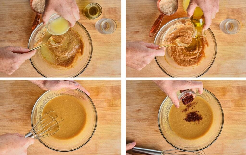 Adding lemon juice, olive oil, and chili flakes to a miso dressing for shaved Brussels sprouts salad.