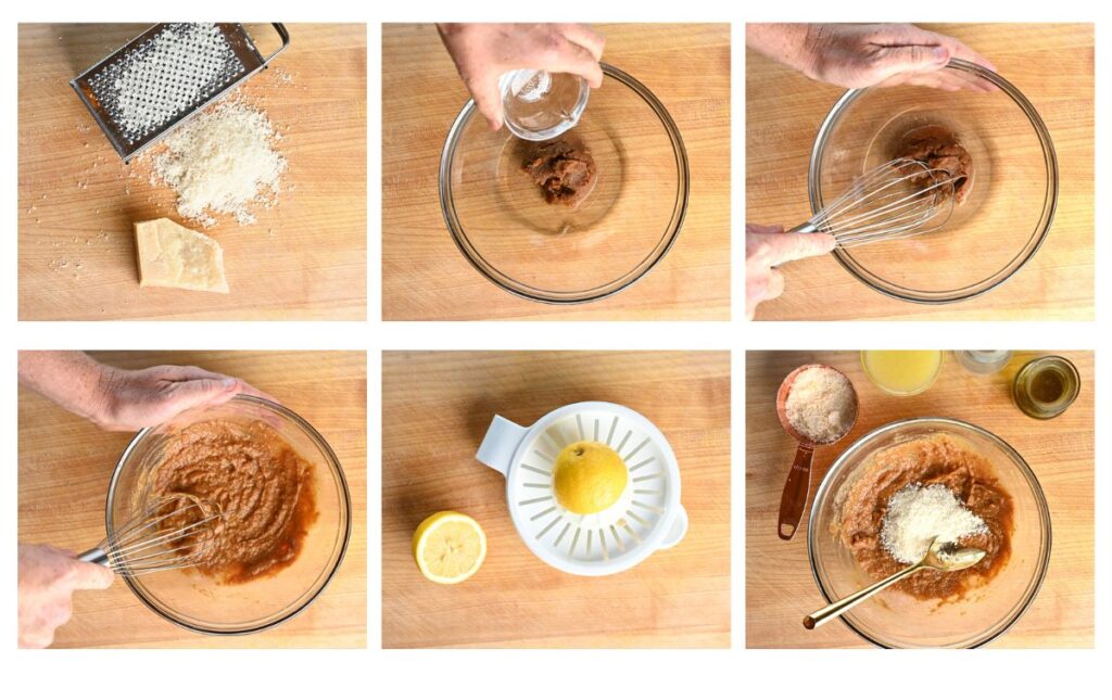 Step-by-step preparation of creamy miso dressing for Brussels sprouts salad.