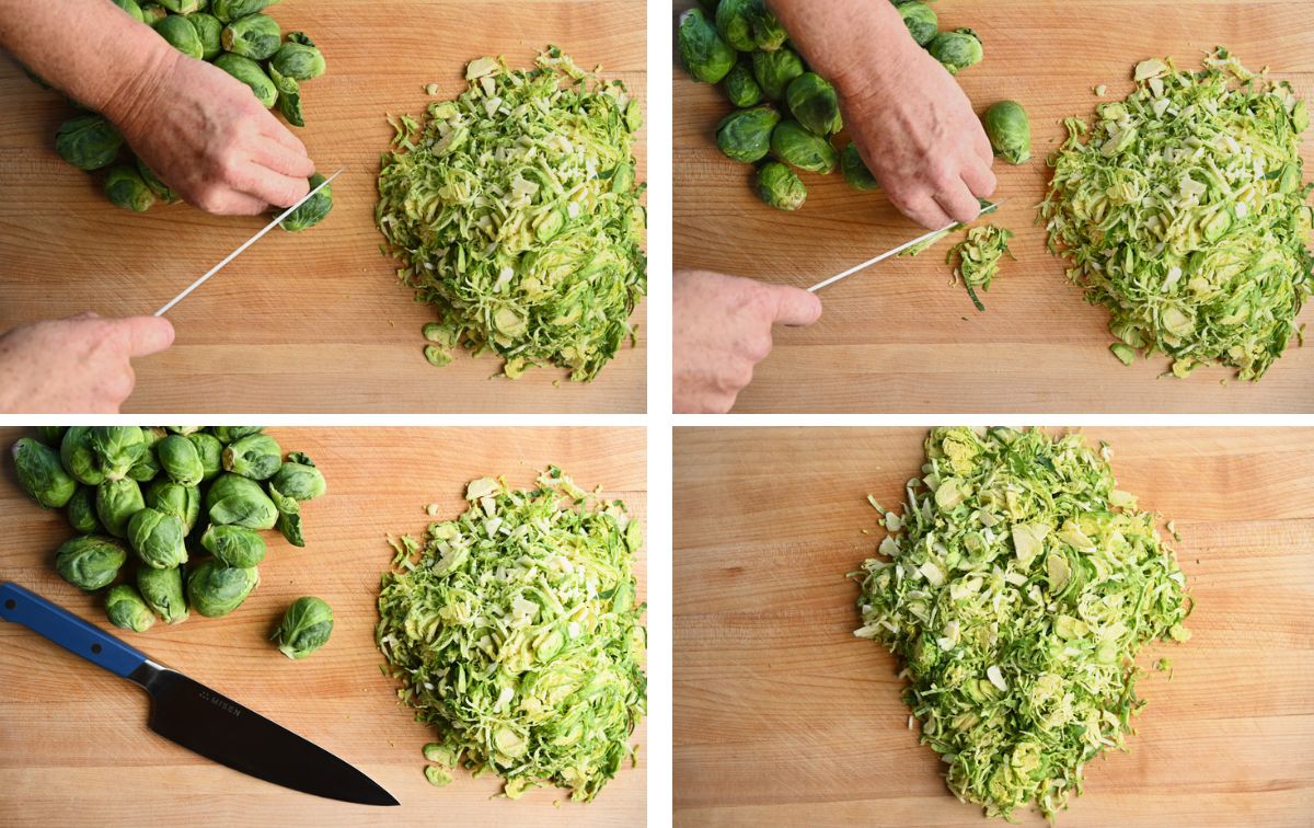 Slicing fresh Brussels sprouts into thin, delicate shreds for a shaved Brussels sprout salad.