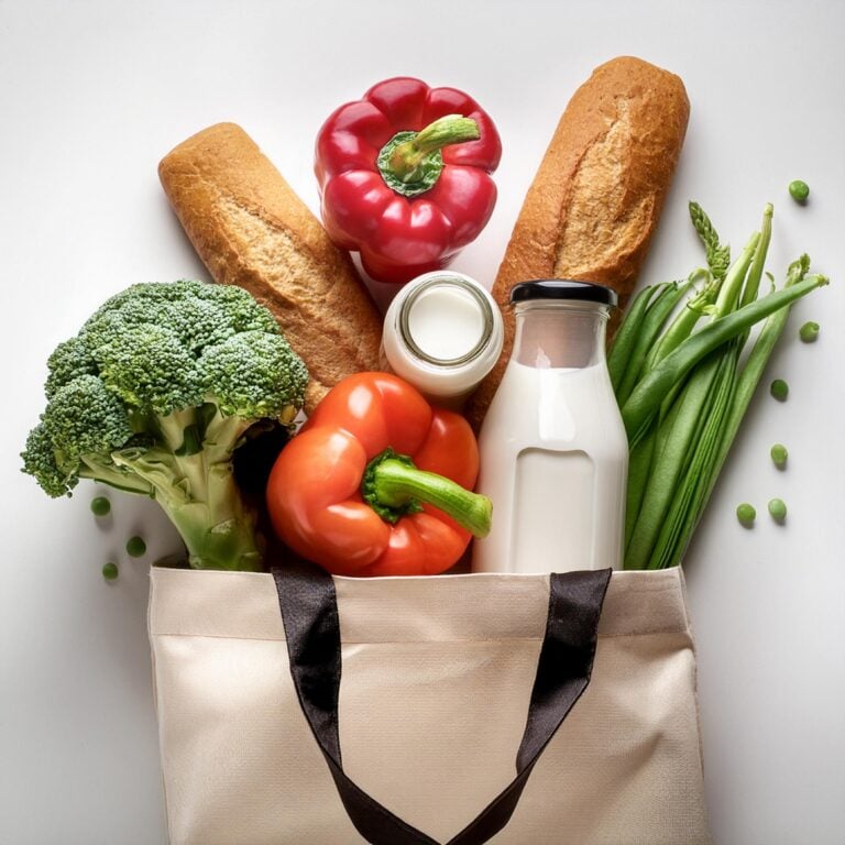 Canvas grocery bag filled with fresh produce, bread, and milk for an essential grocery list.