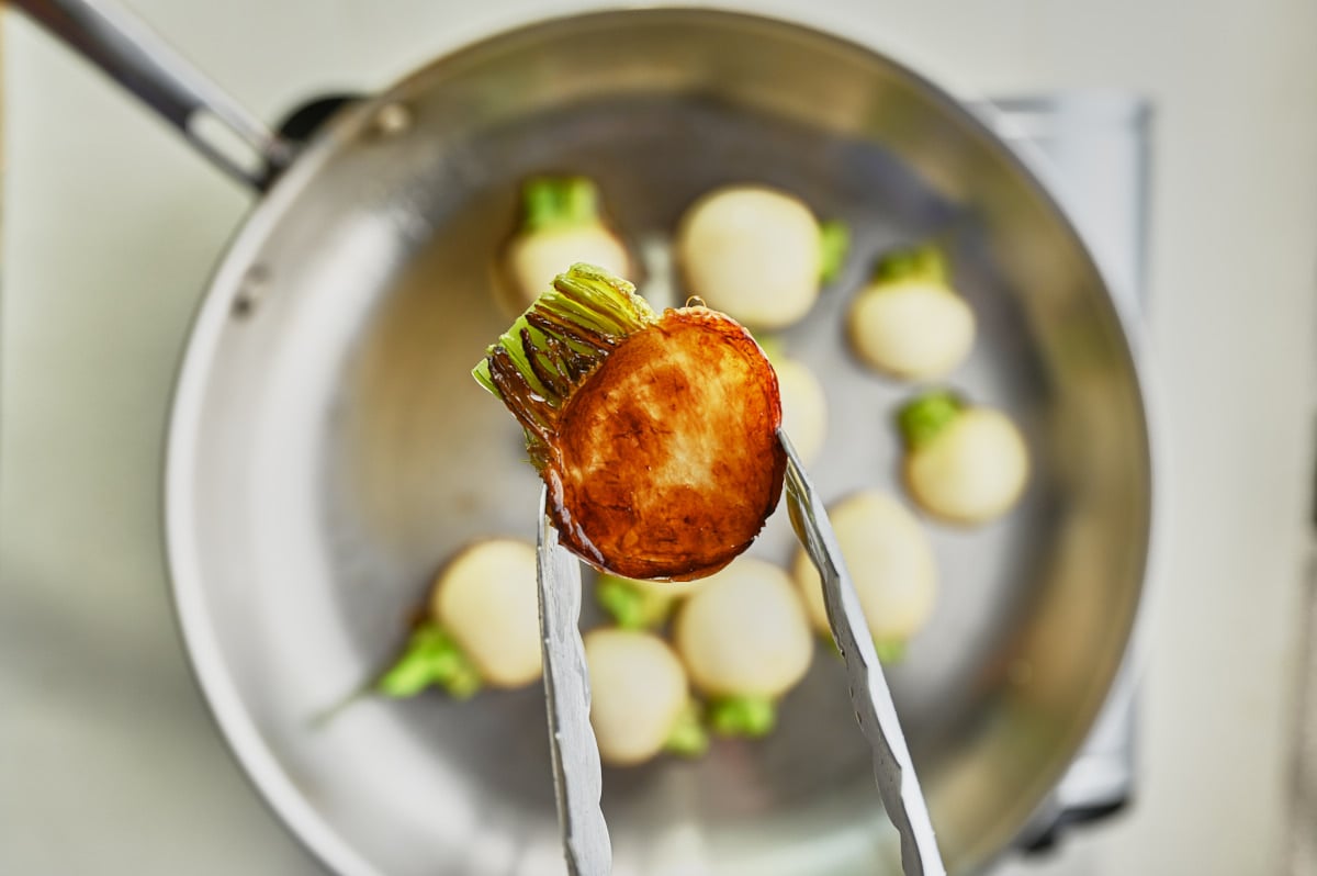 close up on a sautéed turnip