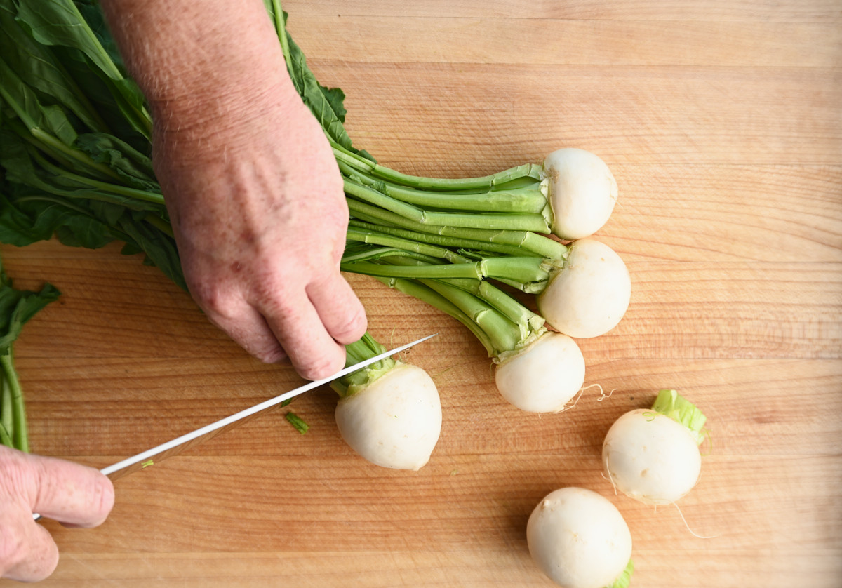 removing the greens from turnips