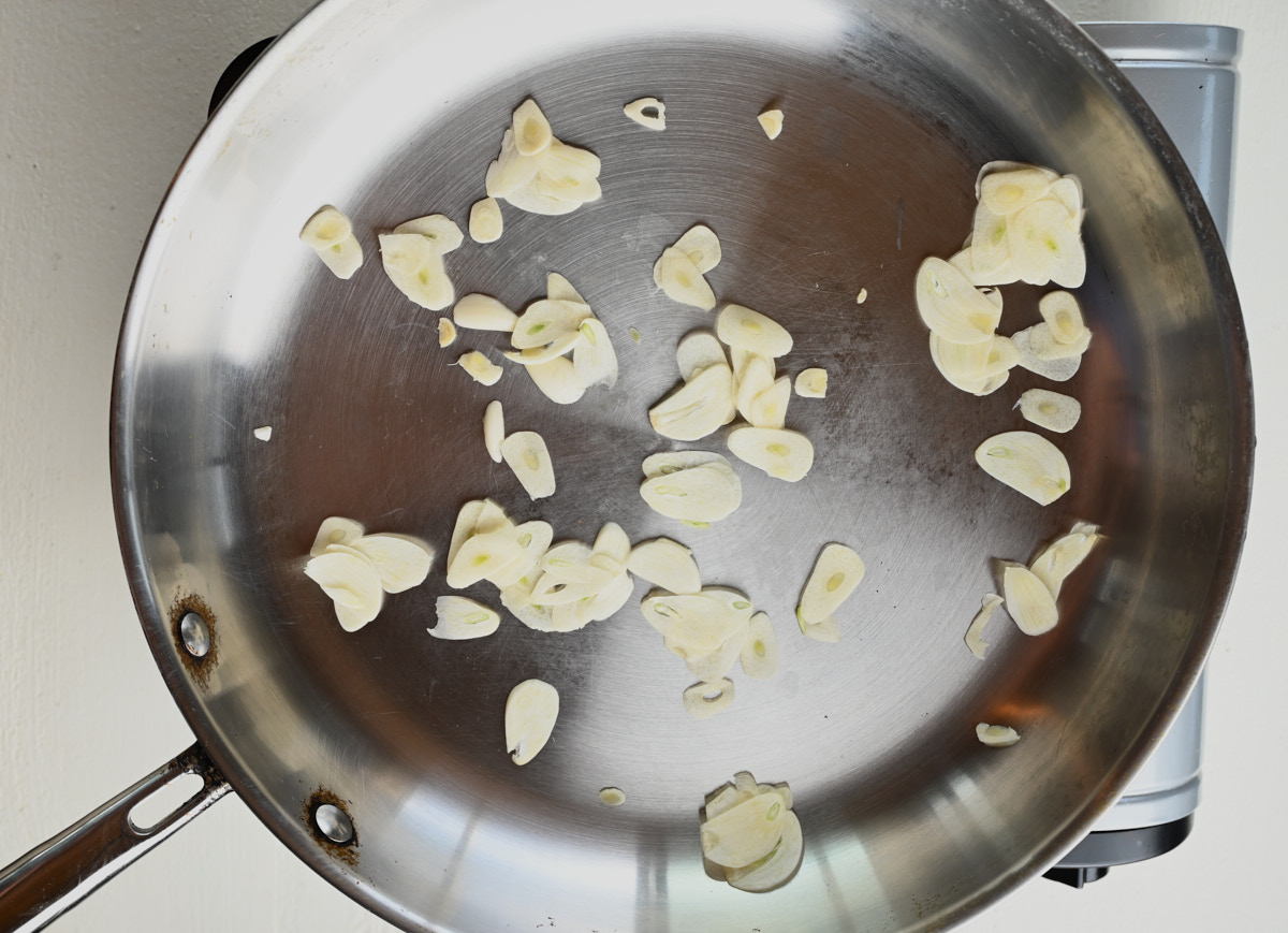 sliced garlic in a pan