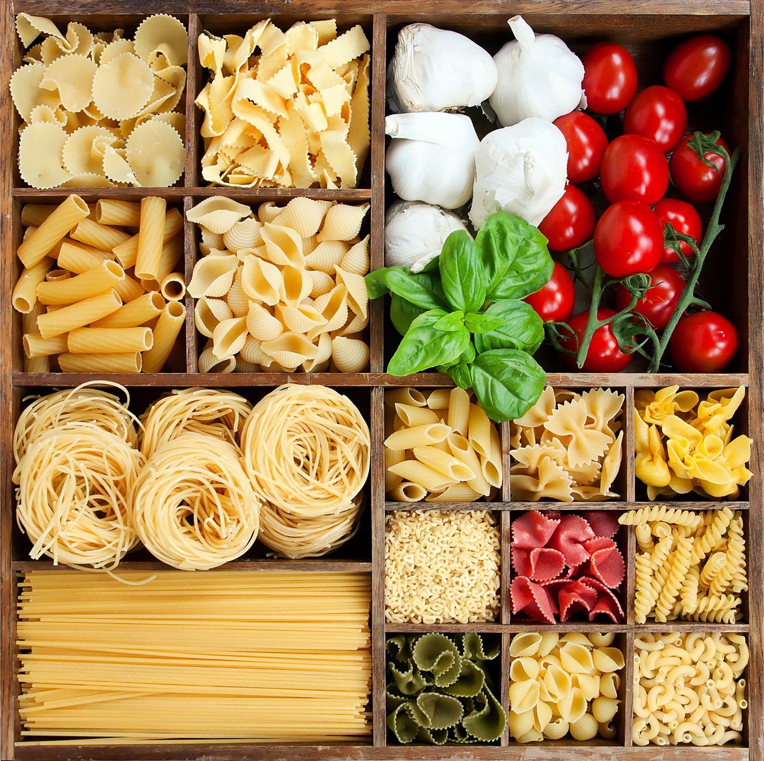various types of pastas that you would find in an Italian pantry when learning how to stock a pantry for the first time.