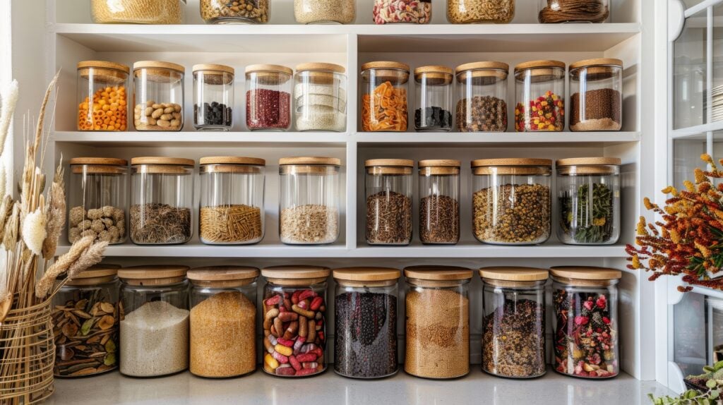 Glass canisters filled with pantry staples like grains, nuts, and spices.