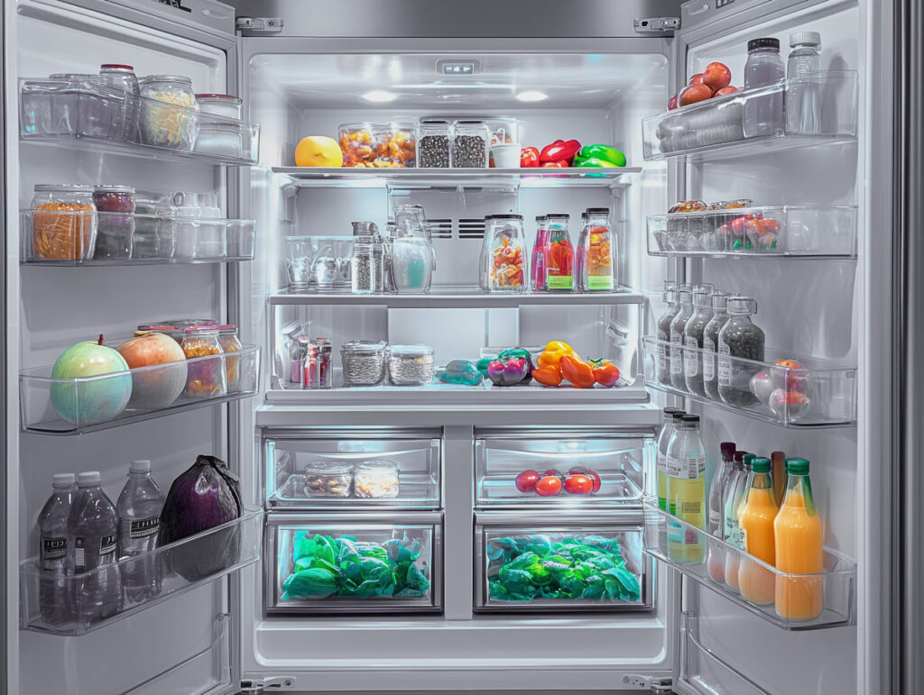 Organized refrigerator with food arranged in clear bins and containers.