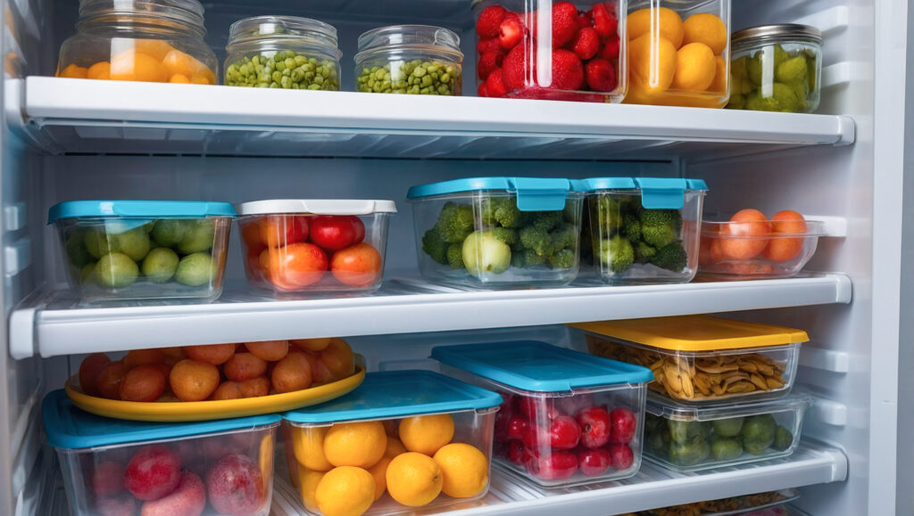 Refrigerator shelves with food items neatly arranged in containers and bins.
