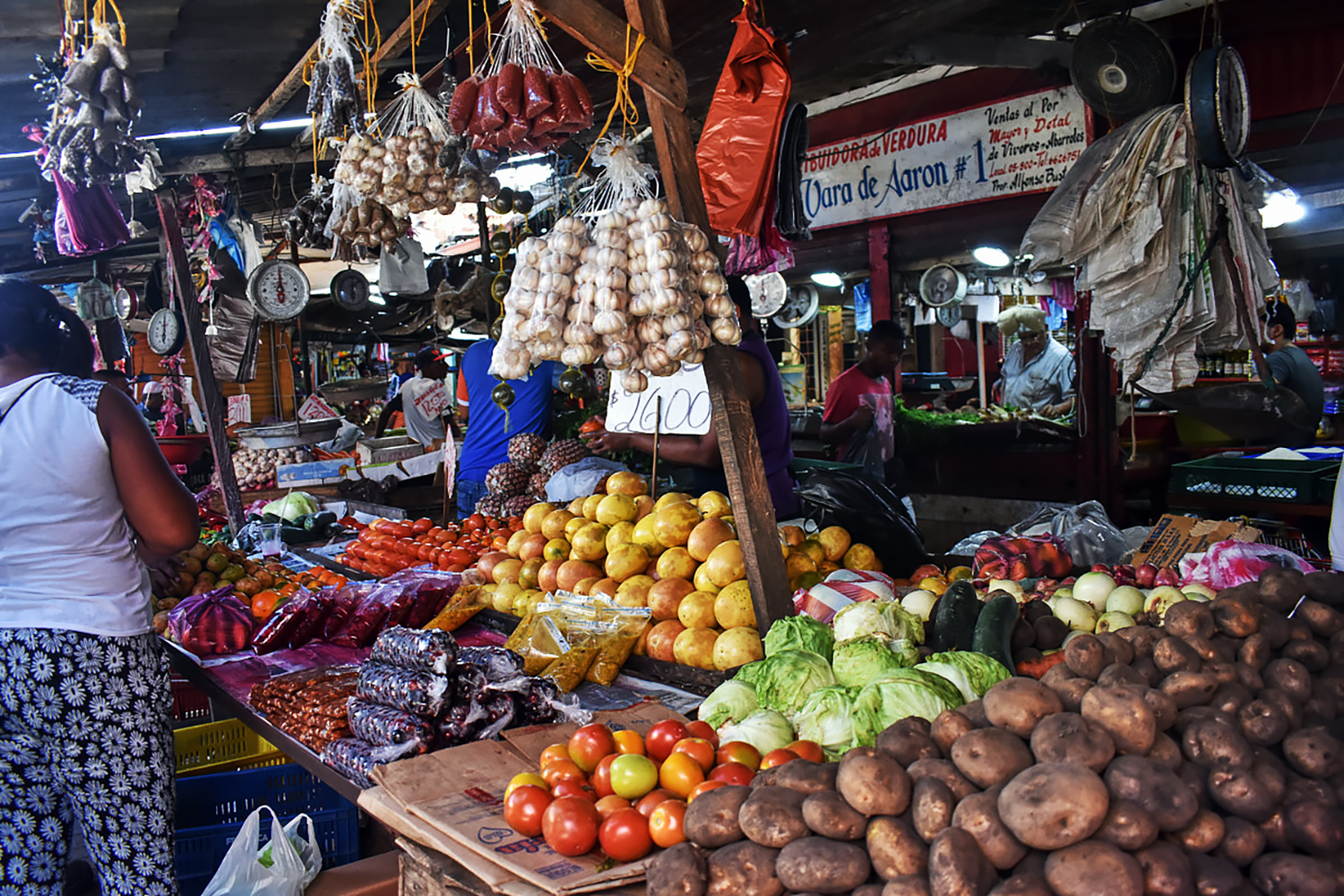 a street market, with garlic hanging, stacks of fruits and vegetables