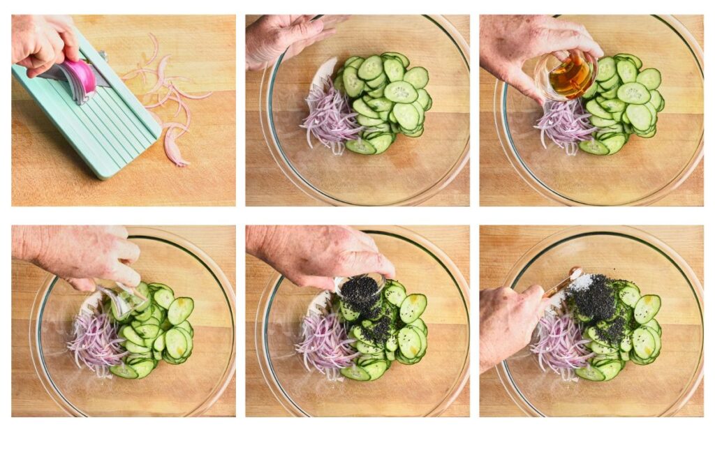 One image of an onion being sliced on a Japanese mandolin and five shots of all salad ingredients being added to a glass bowl on a wooden cutting board.