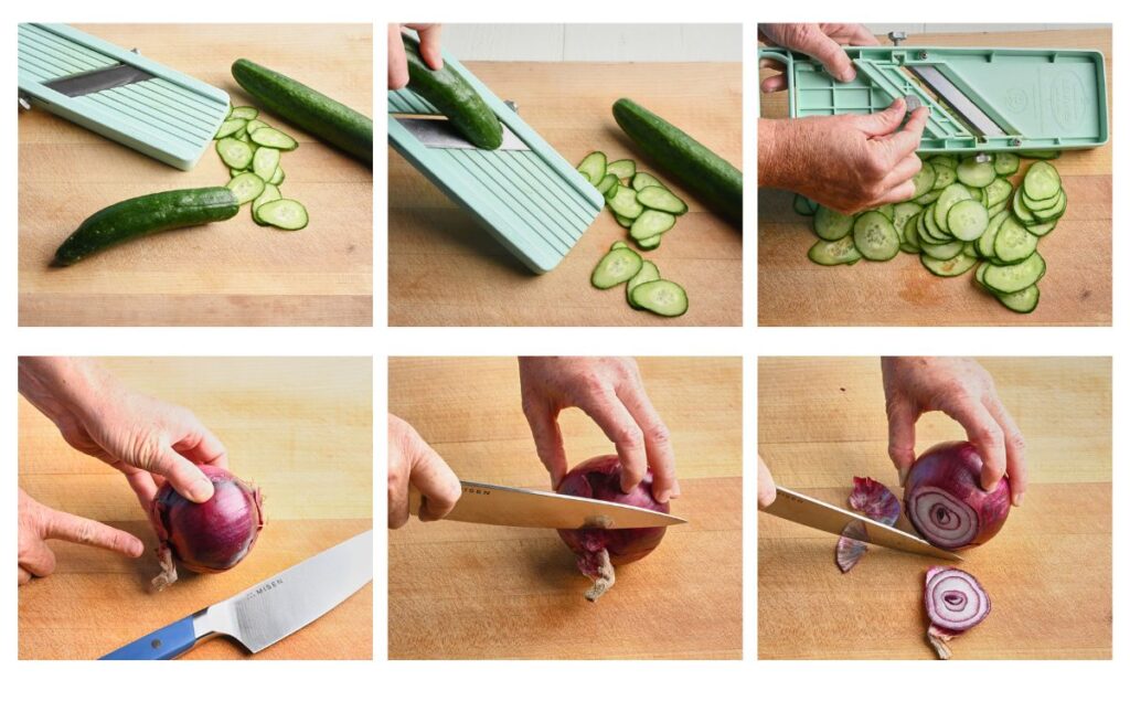 Three images of cucumbers being sliced on a Japanese mandolin on a cutting board and three images of the top of a red onion being sliced off on a cutting board.